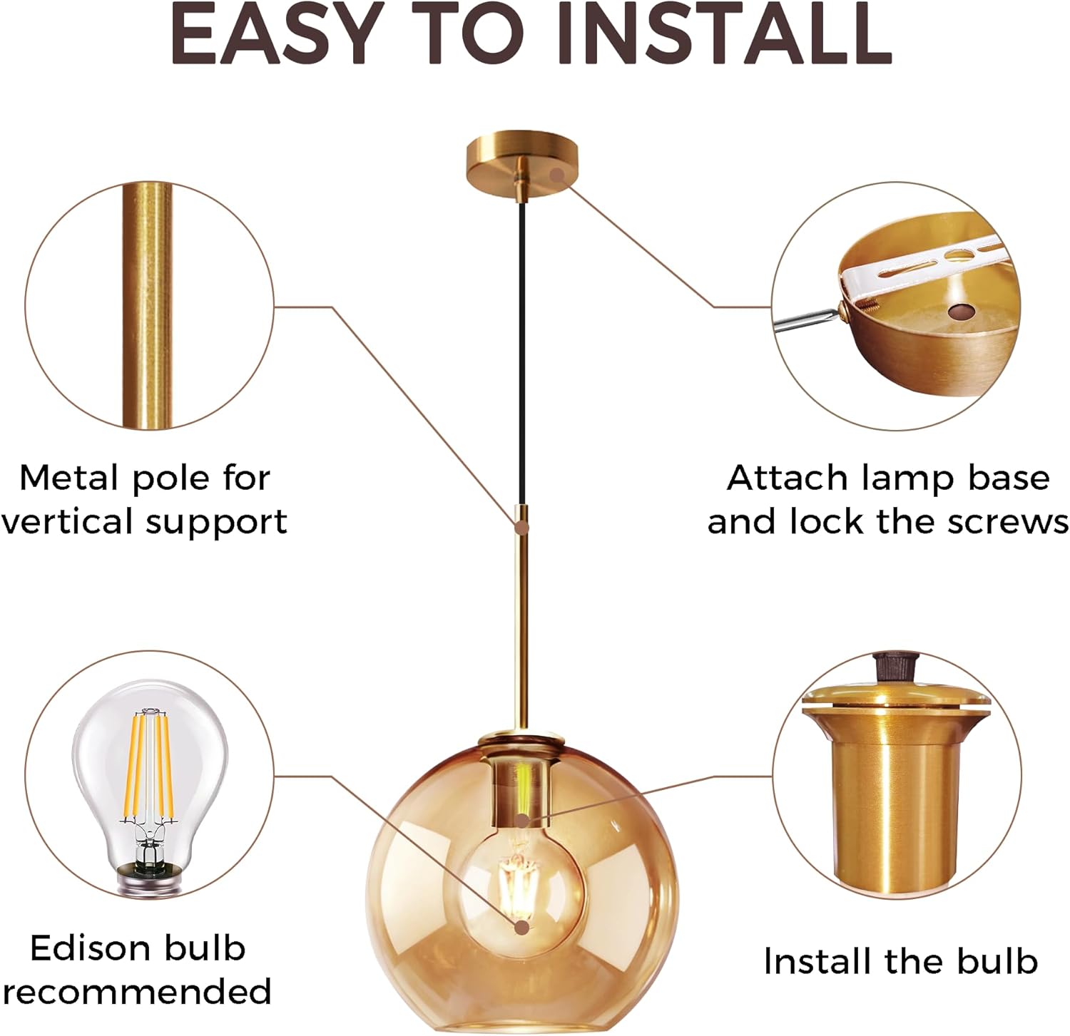 Amber Glass Pendant Lights Kitchen Island Lighting Globe Pendant Light Fixtures Modern Pendant Lighting for Kitchen Island Bedroom Living Dining Room Light Fixture(7.9in,1-Pack)