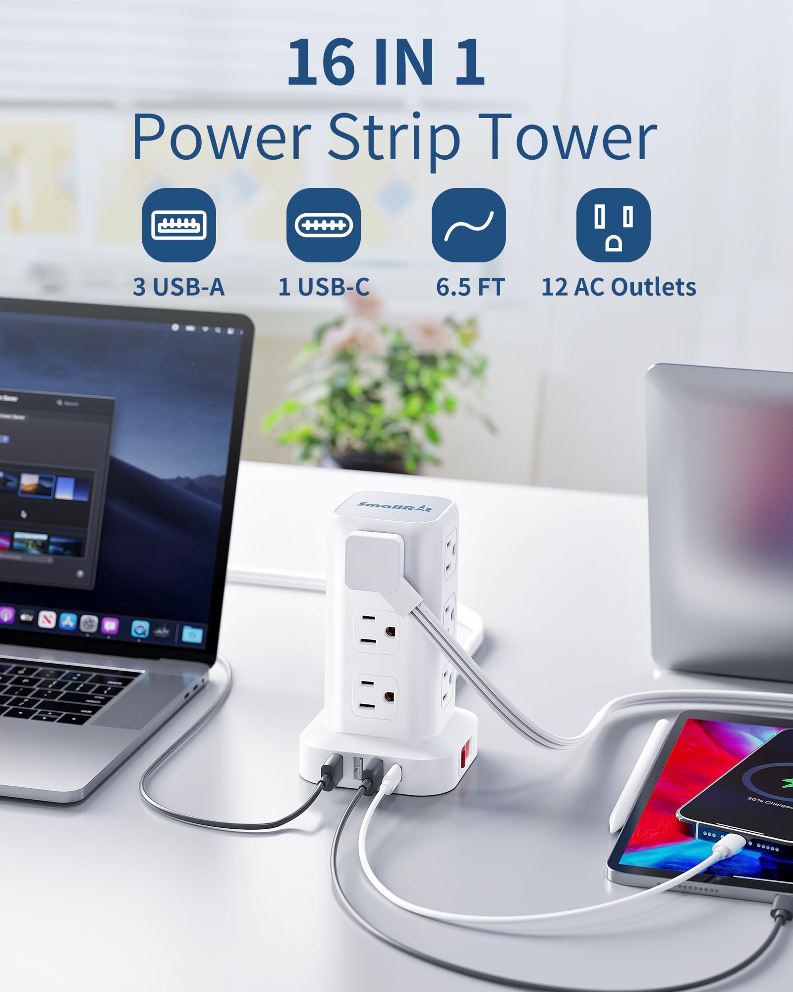 SMALLRT Steckdosenleiste mit Überspannungsschutz, 2 m, 4 USB-Anschlüsse, 12 Ausgänge, mit langem USB-Kabel, Überspannungsschutz