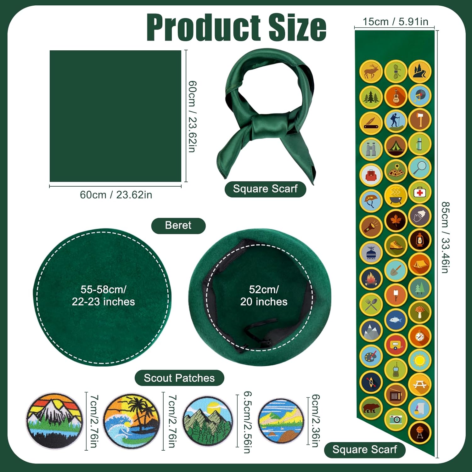 Dreamtop Scout Costume Set - 9 Pcs Scout Costume Women with Green Beret Sash Scarf Scout Badges Paper Clips for Halloween Party Dress Up