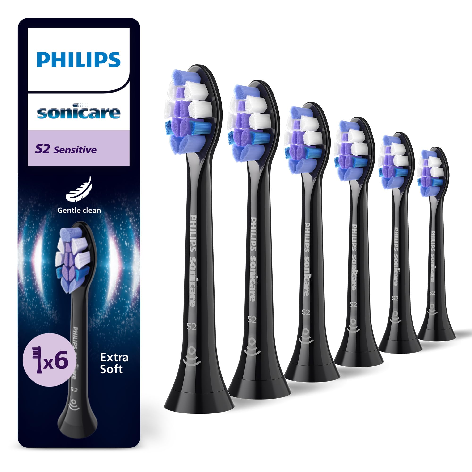 Philips Sonicare S2 Sensitive, Genuine Replacement Toothbrush Heads, Black, 6 Pack, HX6056/88