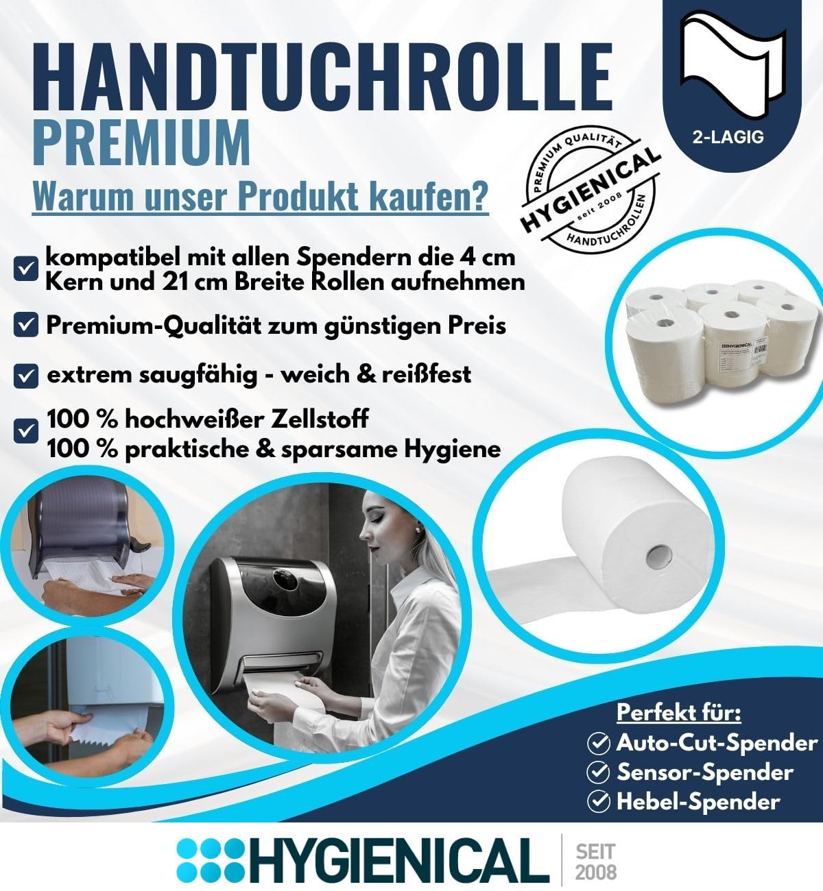 Premium Handtuchrollen 2-lagig, ca. 21 cm breit, aus 100% Zellstoff, kompatibel mit Spendern für Außenabwicklung, 6 Rollen – Weiche und saugstarke Papierhandtuchrollen