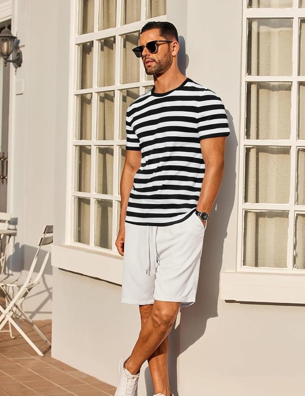 Funny World Men's Casual Cotton Striped T-Shirts Short Sleeve Crewneck Basic Tee - Image 4