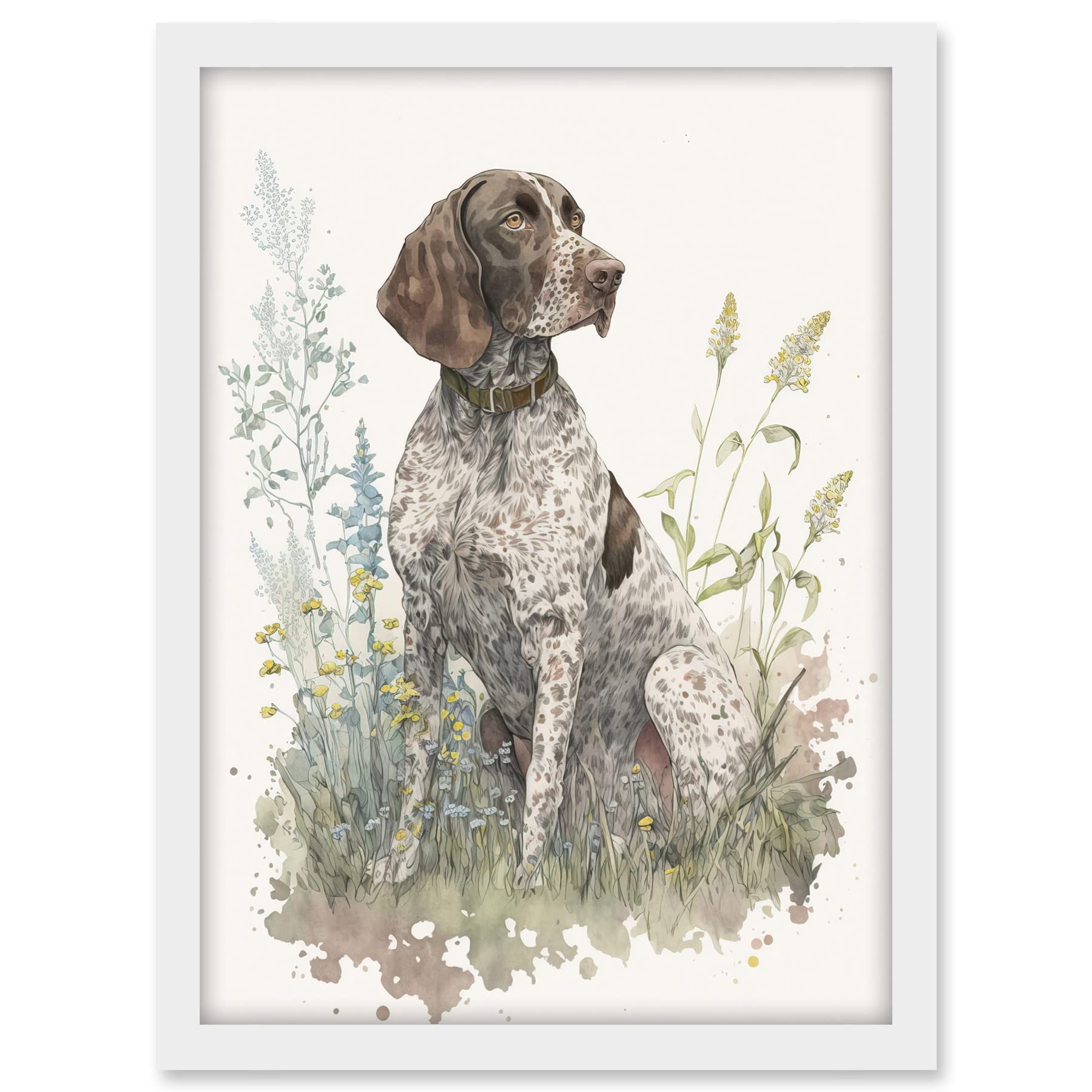 Artery8 German Pointer Dog Sitting in Field Modern Detailed Pastel Watercolour Illustration Artwork Framed A3 Wall Art Print