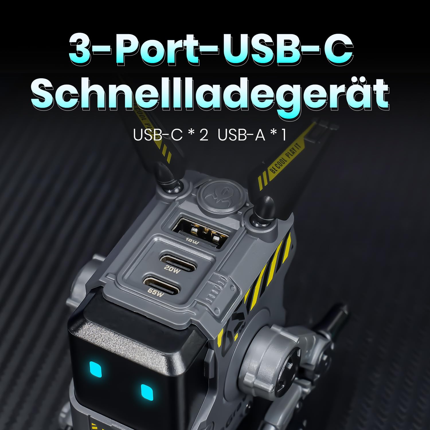 GRAVASTAR 65W GaN Robot USB-C Ladegerät mit 3 Anschlüssen | Futuristischer Roboter-Ladeadapter mit klappbaren Beinen, 2 USB-C- & 1 USB-A-Anschluss für Schnellladen
