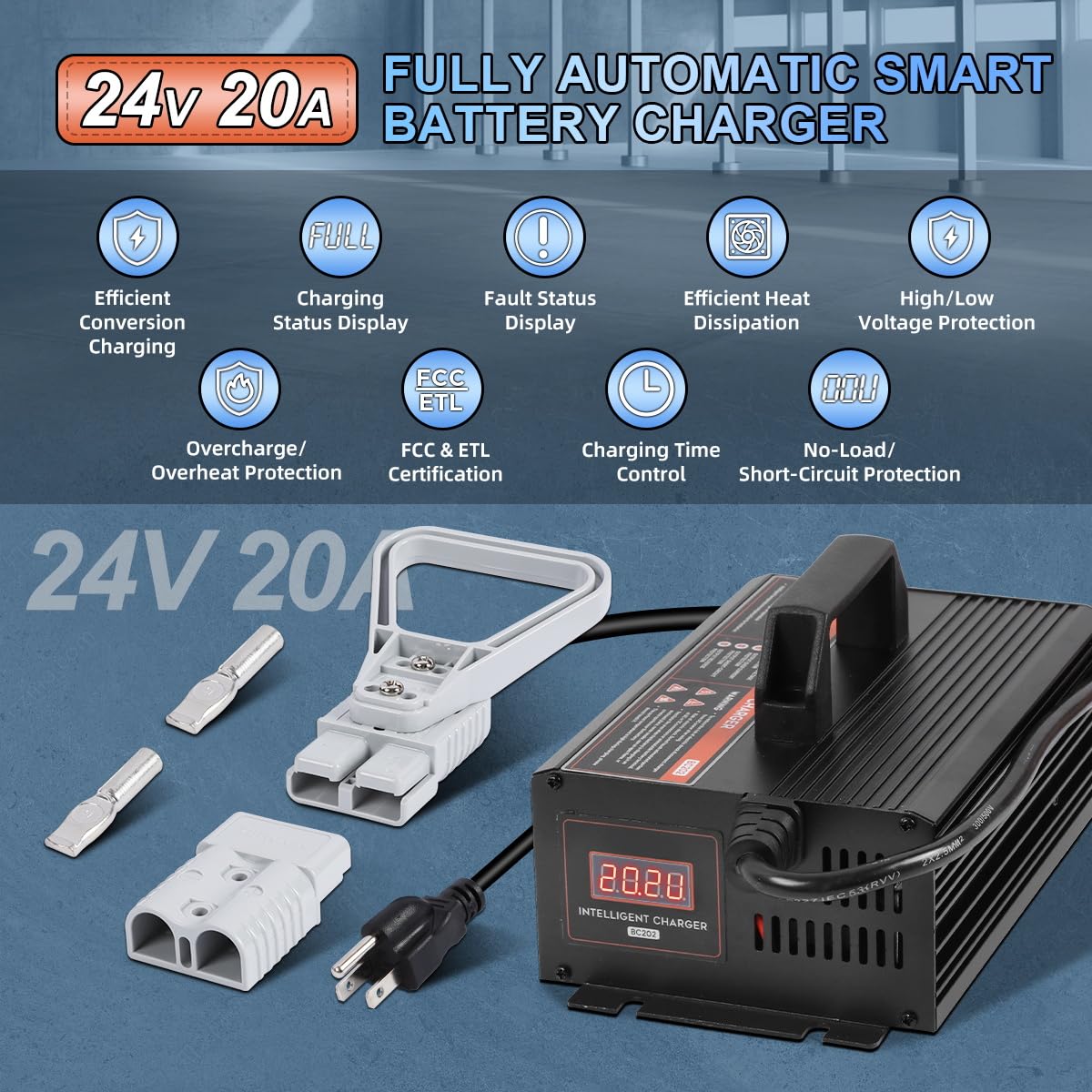 Forklift Battery Charger 24V 20A Fully Automatic Smart Charging, Pallet Jack/Floor Scrubber 24 Volt Battery Charger with 7 Charging Protections,LCD Display, for Lead-Acid Batteries