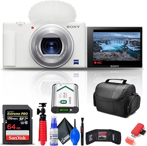 Sony Cámara digital ZV-1 (blanco) (DCZV1/W) + tarjeta de memoria de 64 GB + lector de tarjetas + bolsa suave de lujo + trípode flexible + cartera de