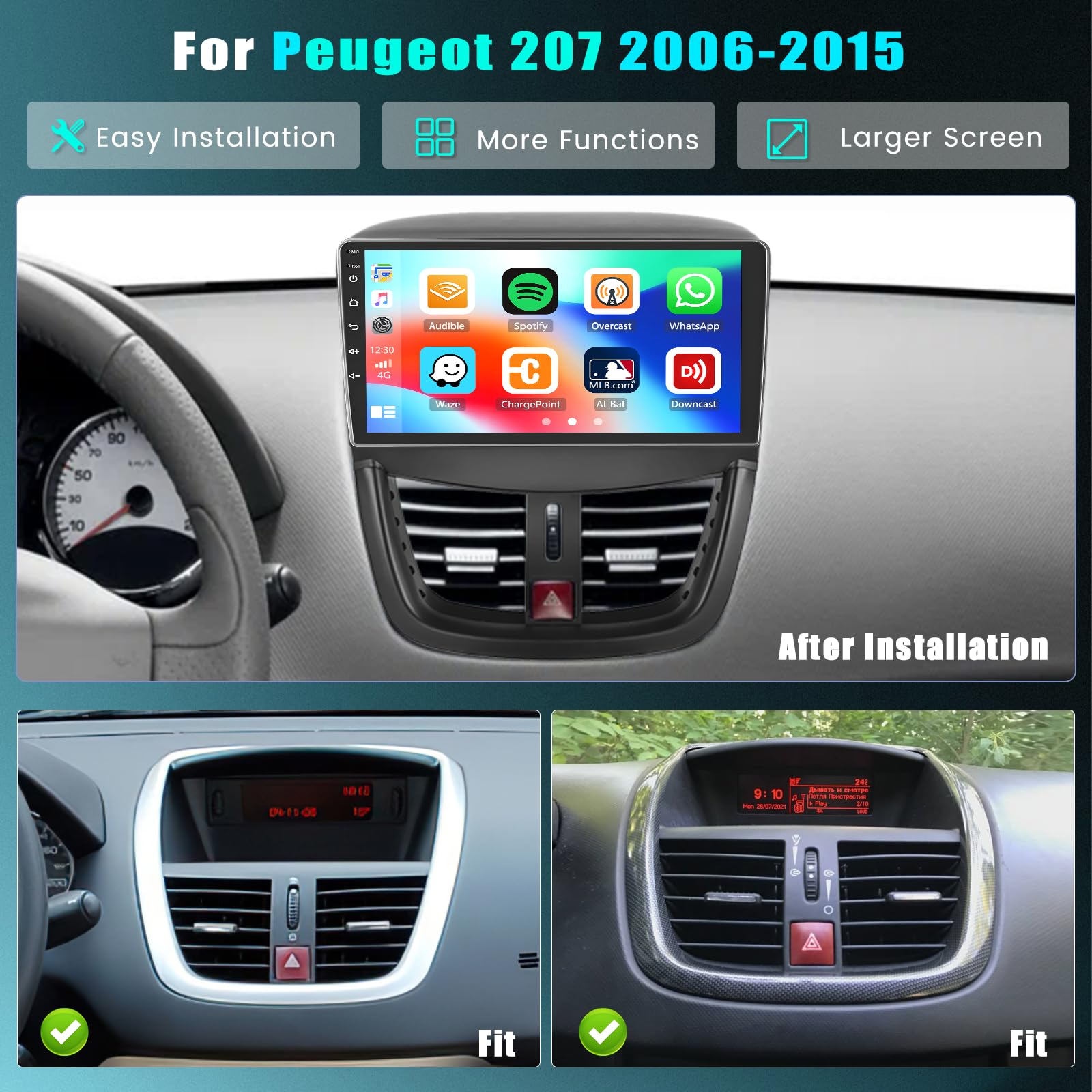 2+64GB Android Radio Coche para Peugeot 207 2006-2015 Carplay Android Auto, 9 Pulgadas Pantalla Bluetooth Autoradio con Cámara Trasera, GPS Navi, WiFi, FM RDS Radio, EQ DSP