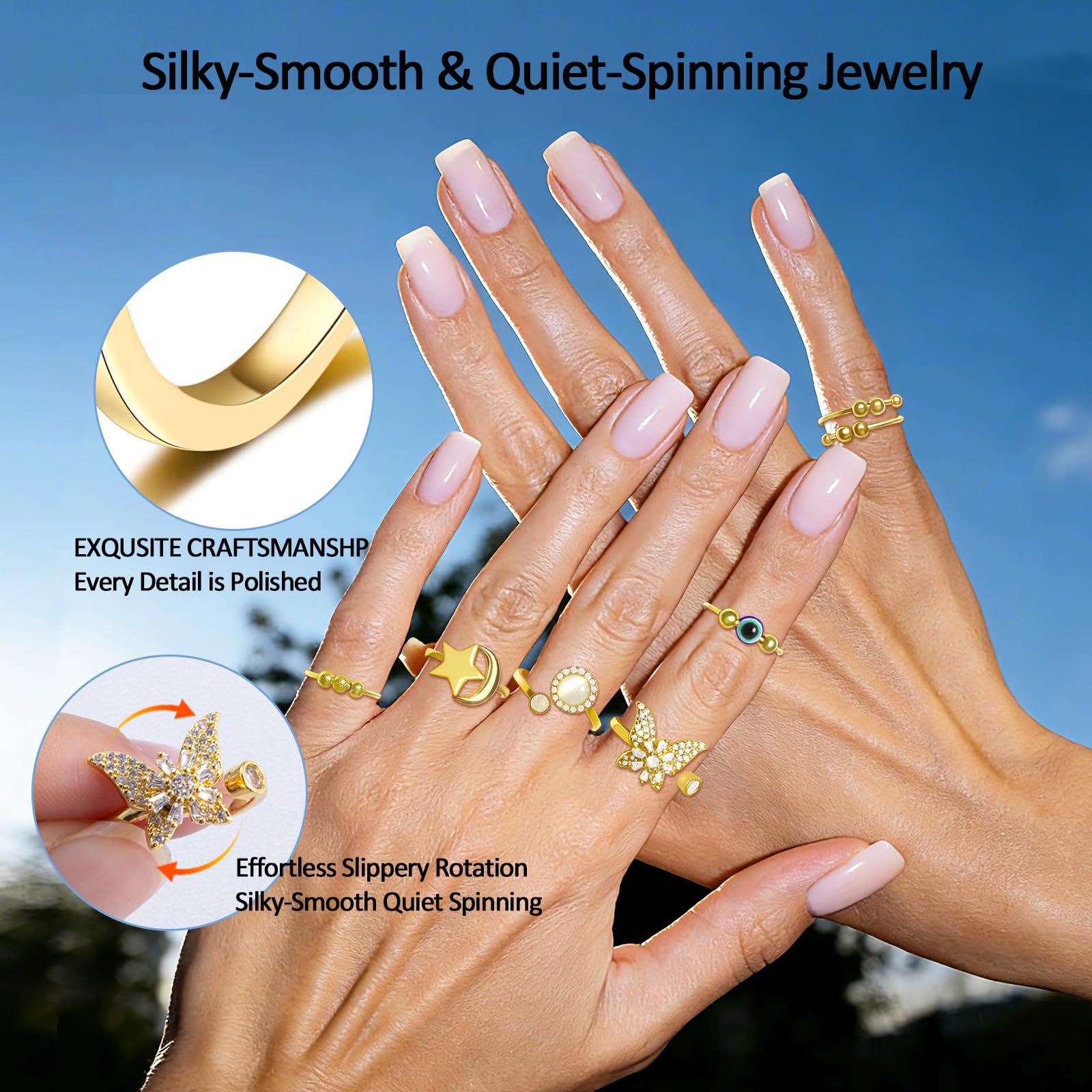 YU8 6 piezas de mariposa y luna y estrella giratoria ajustable para la ansiedad, alivio del estrés, joyería giratoria para mujeres y adolescentes