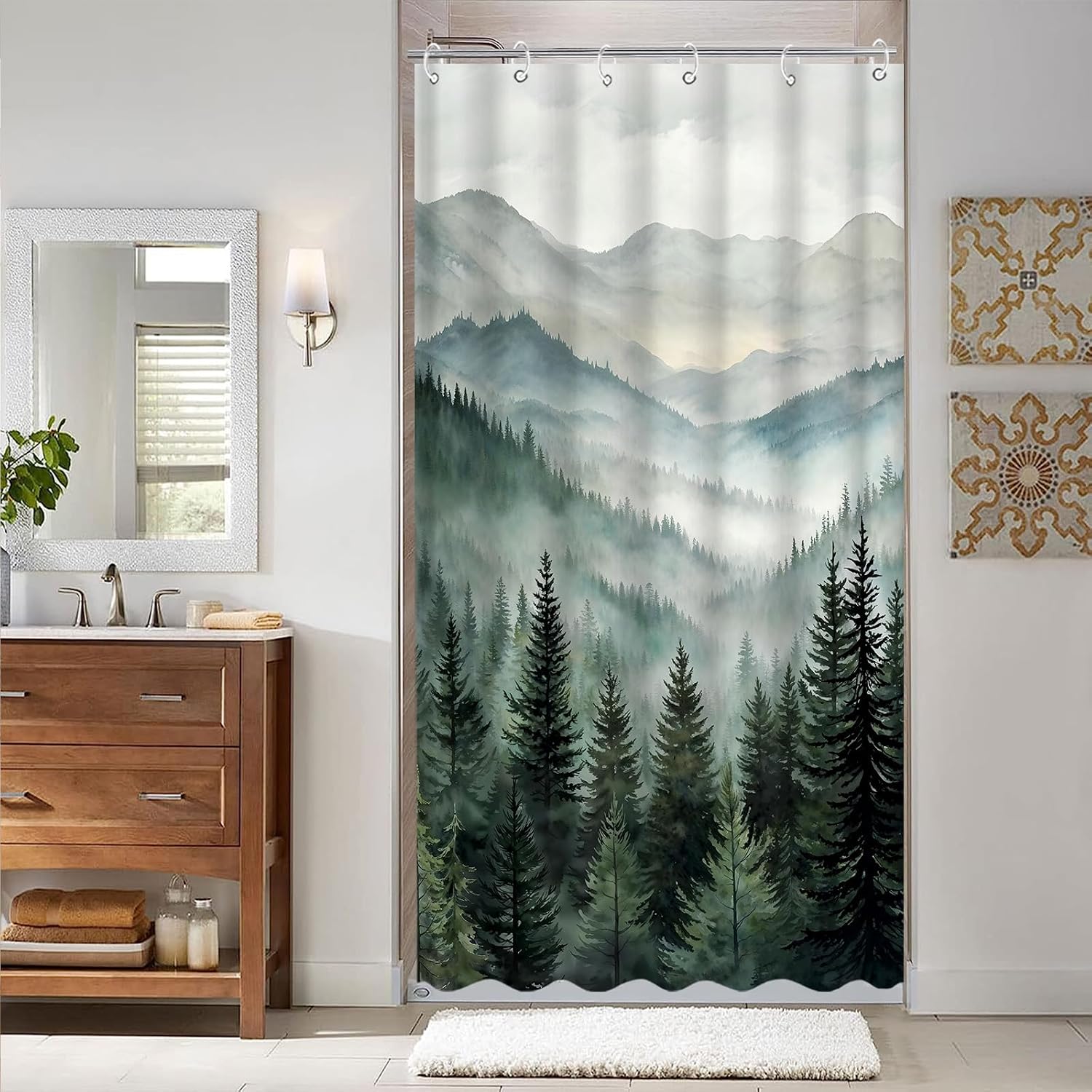 Accnicc Forest Mountain Shower Curtain Dark Green Nature Misty Pine Tree Shower Curtains for Bathroom Foggy Rustic Woodland Decorative Waterproof Fabric Bath Curtain Decor 36×72 Inches image 3