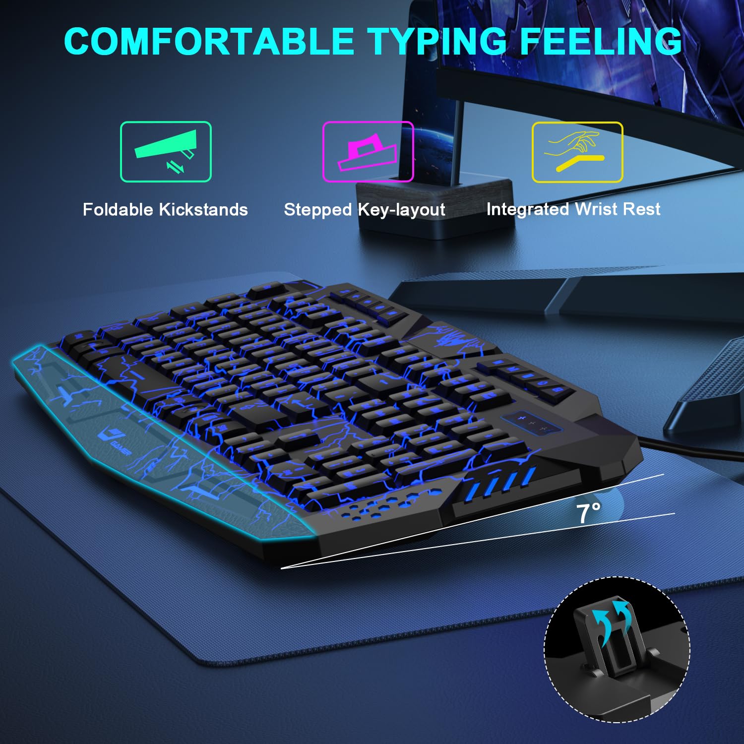 QWERTZ DE - Set tastiera e mouse da gioco, 114 tasti, tastiera retroilluminata a LED, mouse da gioco ergonomico a 4 colori, grande tappetino per mouse, USB per PC PS5 Xbox