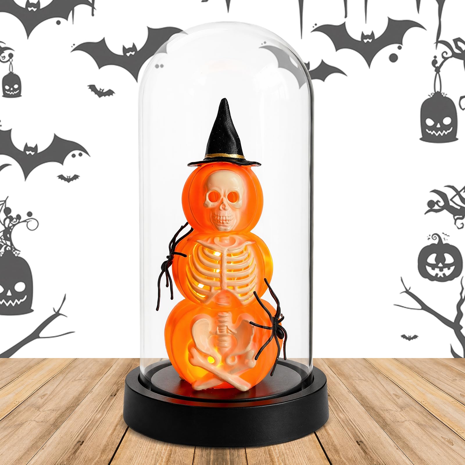 Halloween Pumpkin Skeleton Witch Hat Glass Dome Decor