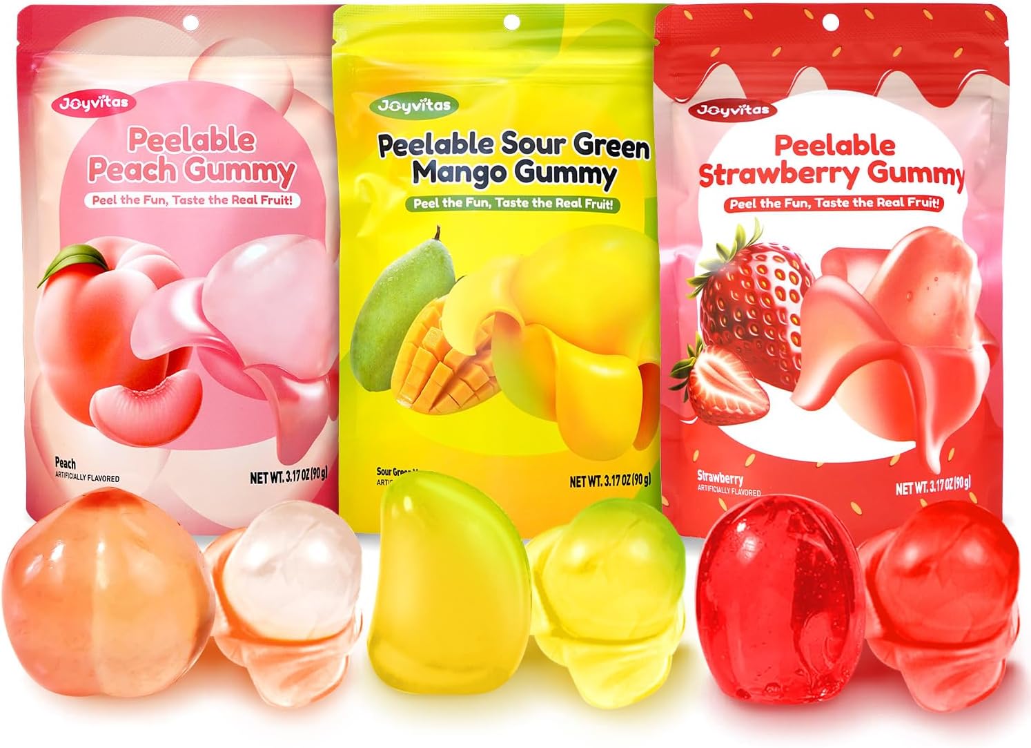 Peelable Gummy Candy Intense Mango Peach Stawberry Mix Flavor Fruit Chewy Gummy Snack Low Sugar & Calorie,0 Fat Individual Soft & Chewy Candy Snacks (Pack of 3, 3.17OZ, Mixed-Fruit)