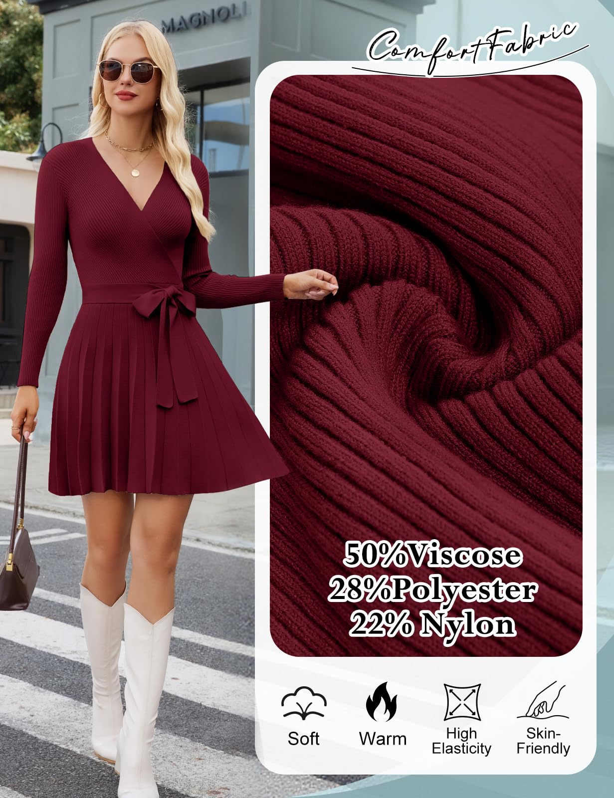 Vestido Invierno Mujer Suéter de Punto Vestido Elegante Manga Larga Cuello en V Vestidos de Fiesta A-Line Mini Cintura Alta Casual Jersey Túnica para Otoño