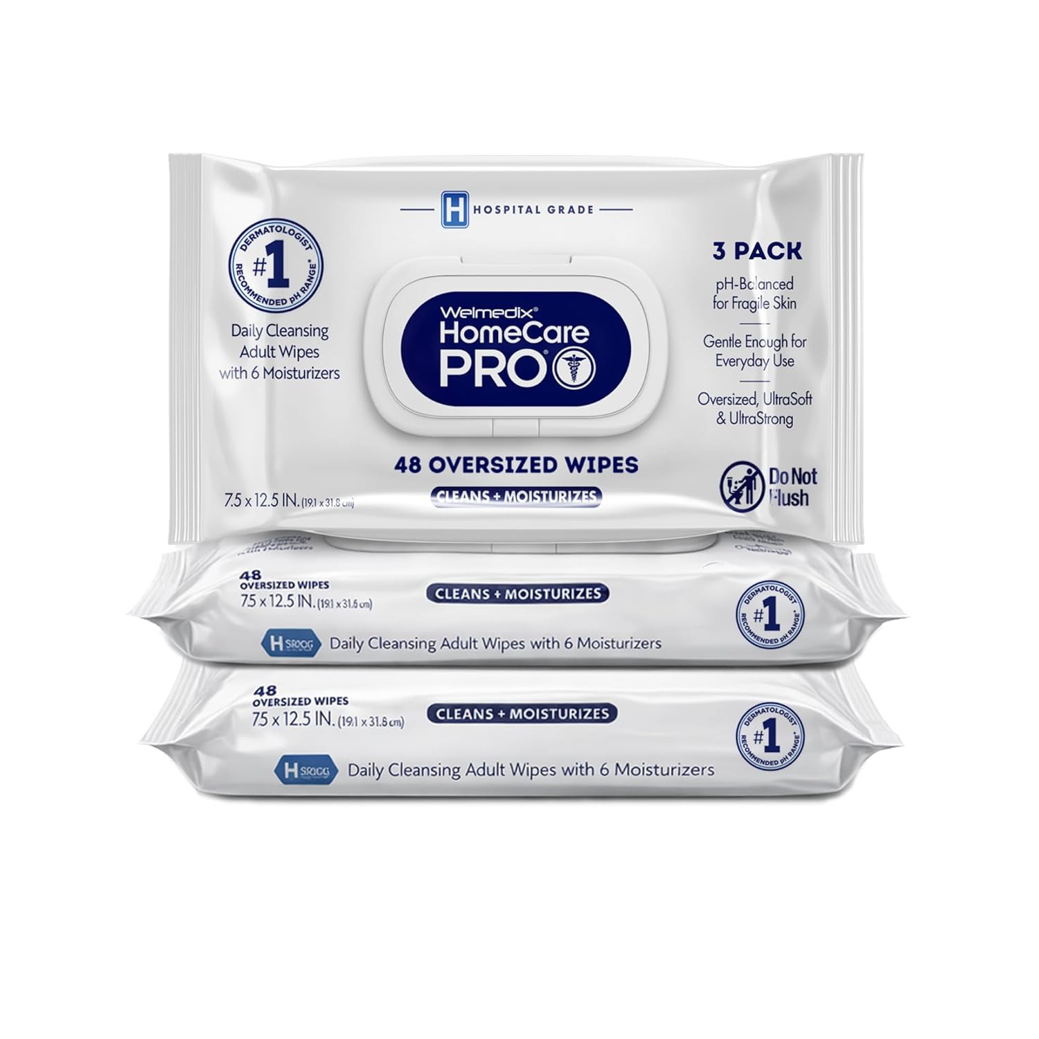 Welmedix Adult Bathing Wipes - Oversized No Rinse Bath Wipes with Moisturizers, Hospital Grade Daily Cleansing Disposable Washcloths for Fragile Skin, XL 7.5” x 12.5” - 48 Count, 3 Pack