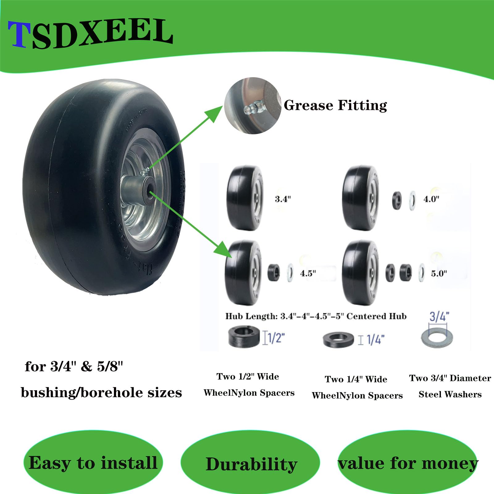 Pneumatico Flat-free Lotfancy Pneumatico Per Tosaerba 11x4.00-5, Mozzo Centrato 5 Fori Con Boccola 3/4, Flat-free E Senza Bisogno Di Camera D'aria Cerchi 14 4x108 - Foto 6