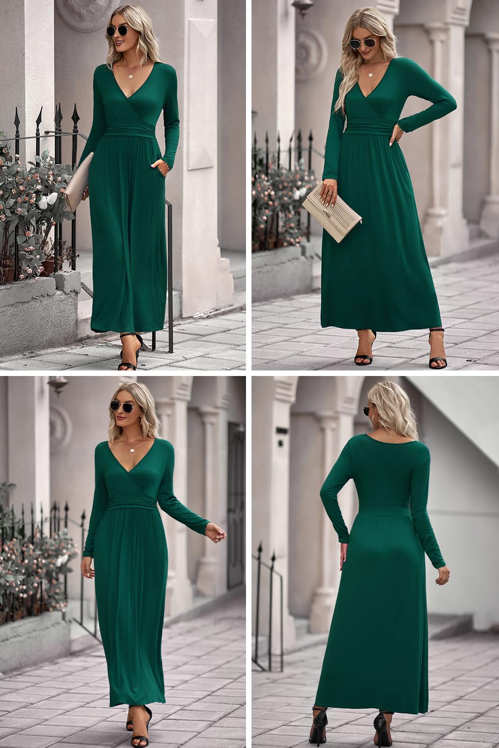 OUGES Maxi Abito Lungo con Scollo a V e Tasche per Donna (Grande (L), Verde)