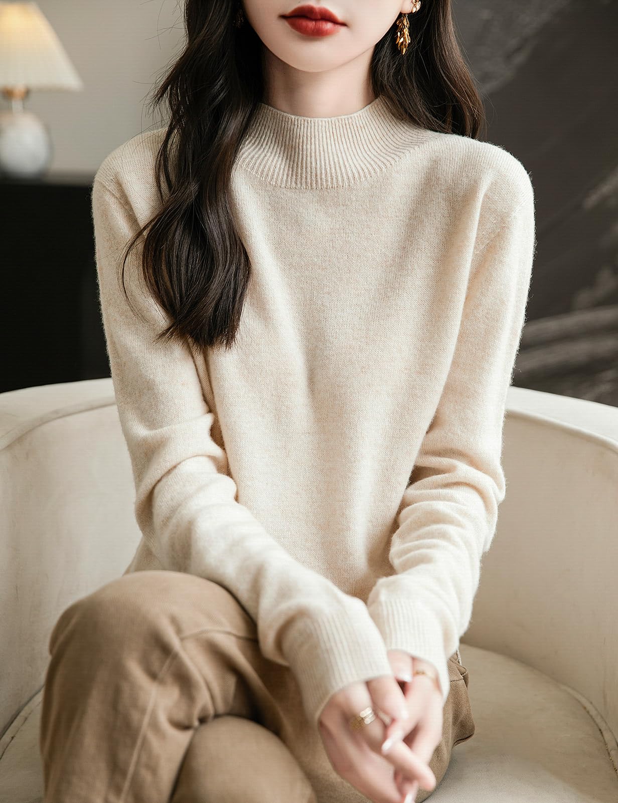 Chanyarn Maglione da Donna in 100% Lana Merino Collo Alto Demi Lavorato a Maglia Senza Cuciture a Maniche Lunghe