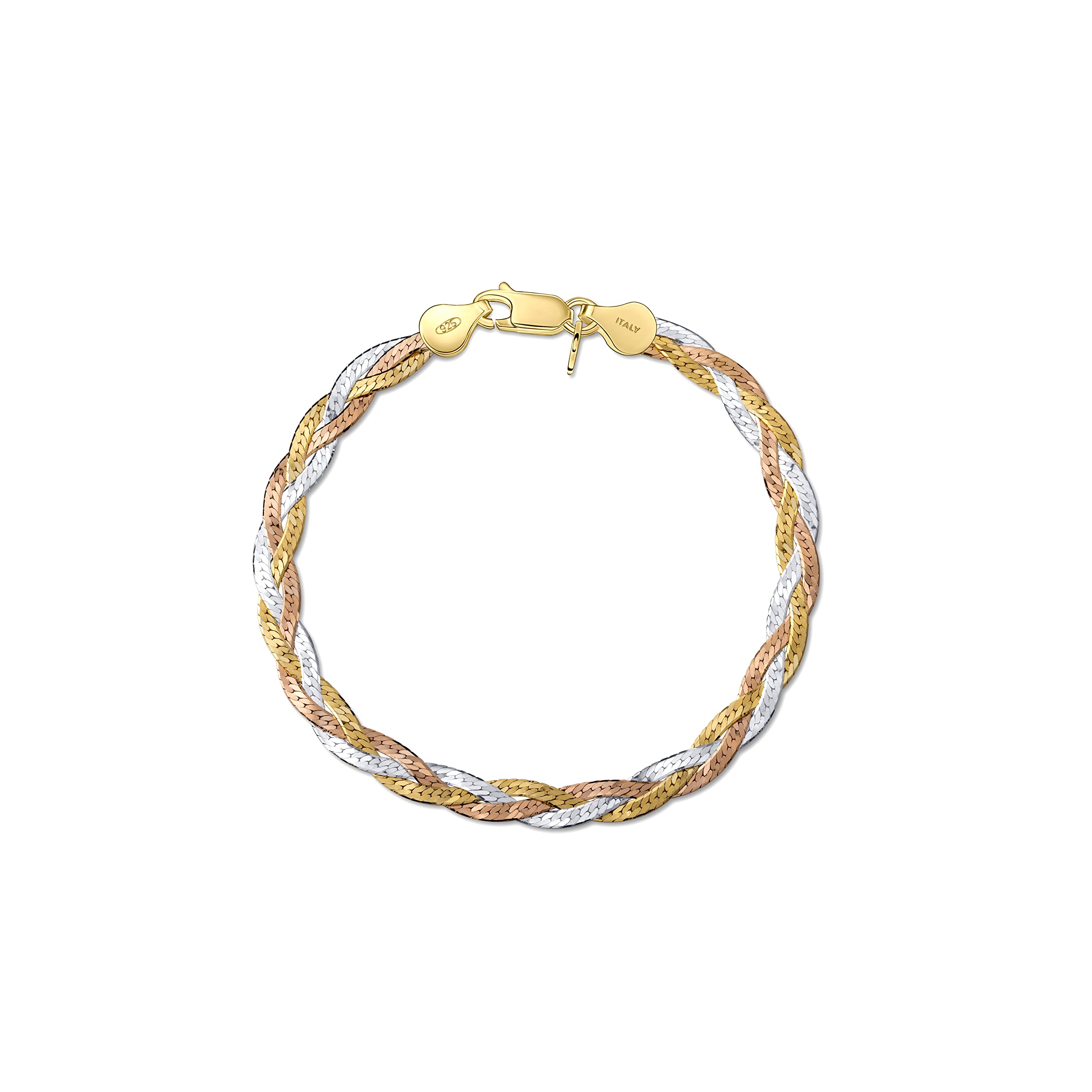 Amberta Women's 925 Sterling Silver Braided Herringbone Chain Bracelet (Length 7.5 inch)