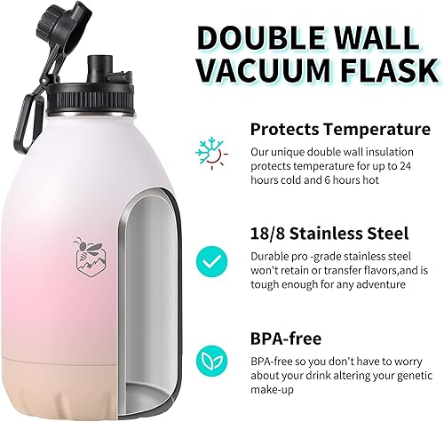Miniatura 5 de Boulder Bee  Botellas de agua aisladas de 64 onzas  Acero inoxidable para bebidas frías y calientes  Botella de agua de gimnasio de doble pared al