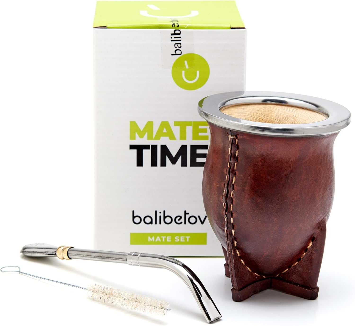 BALIBETOV Premium Yerba Mate Gourd (Mate Cup) - Uruguayan Mate - Leather Wrapped - Includes Stainless Steel Bombilla and Cleaning Brush. (Camionero Burgundy)