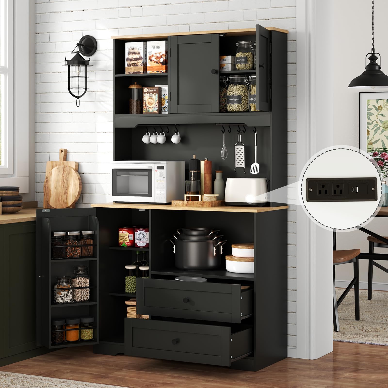 68" Tall Kitchen Pantry Storage Cabinet with Charging Station, Upgrade Pantry Cabinet with Doors & Shelves and Wine Glass Holder,Kitchen Hutch Cabinet with Microwave Stand for Kitchen(Black)