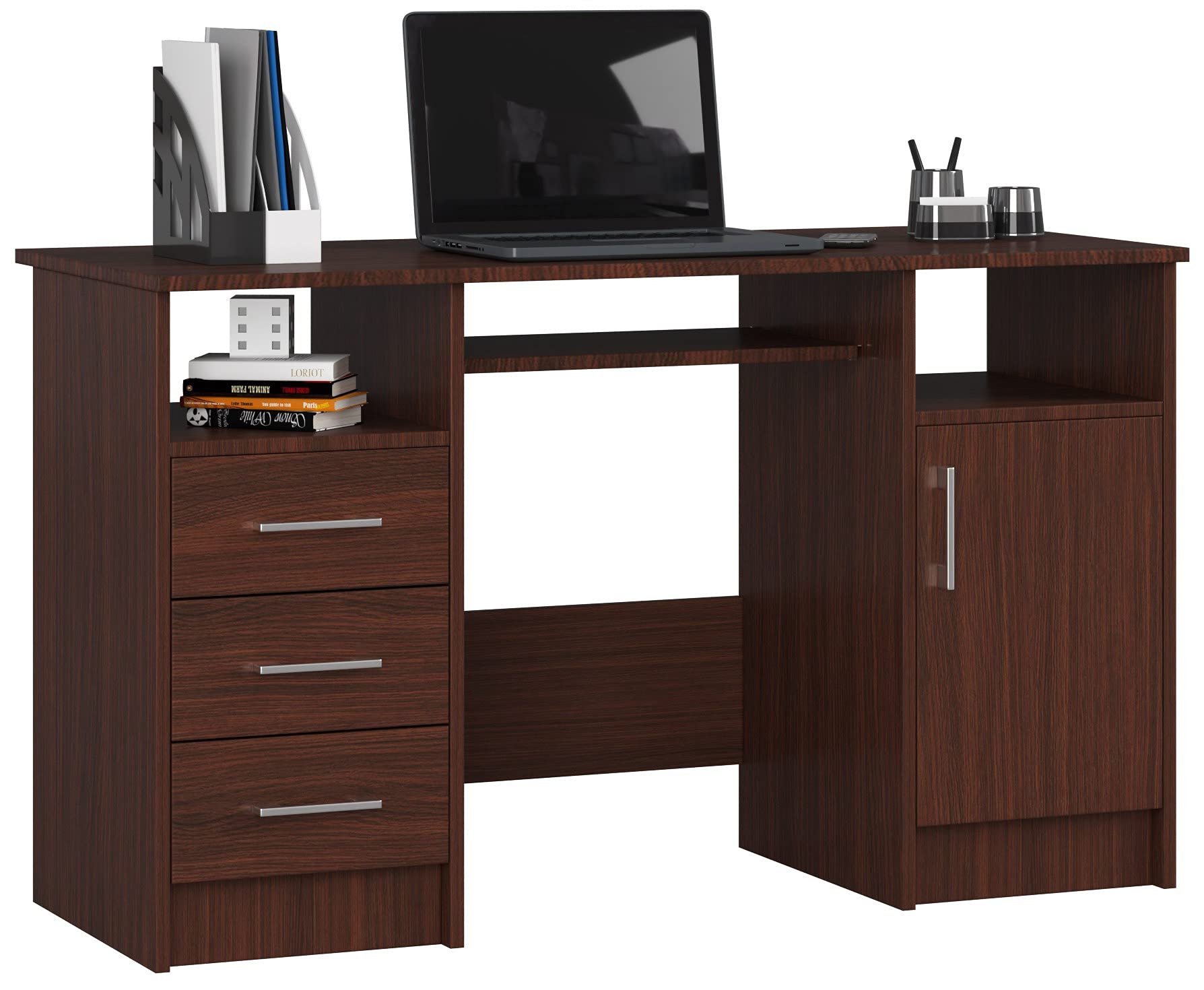 AKORD Bureau ANA 124 cm | met 1 deur en 3 laden | Office Desk | Computertafel | Bureautafel | PC-bureau | B124 x H74 x D52 cm | Gewicht 46,40 kg | Wit/Grafietgrijs