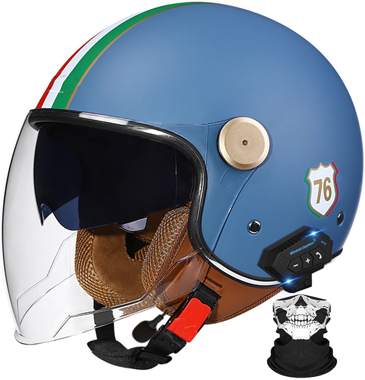 Retro Motorcycle Half Helmet, Bluetooth Jet Helmet with Sun Visor, DOT Approved Motorcycle Safety Helmet, Skull Cap 3/4 Motorcycle Half Helmet for