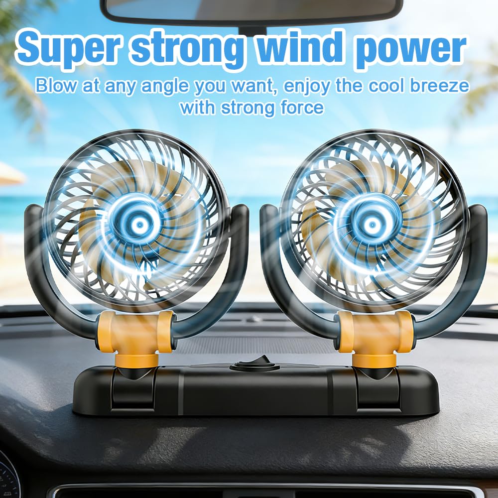 Auto Ventilator, Doppelköpfiger Ventilator Auto, 12V Auto Kühlventilator mit 2 Speed, Kühlungs Luftventilatoren, Kfz Lüfter Auto Ventilator für Auto Van SUV RV Boot, 360 Grad Drehbarer