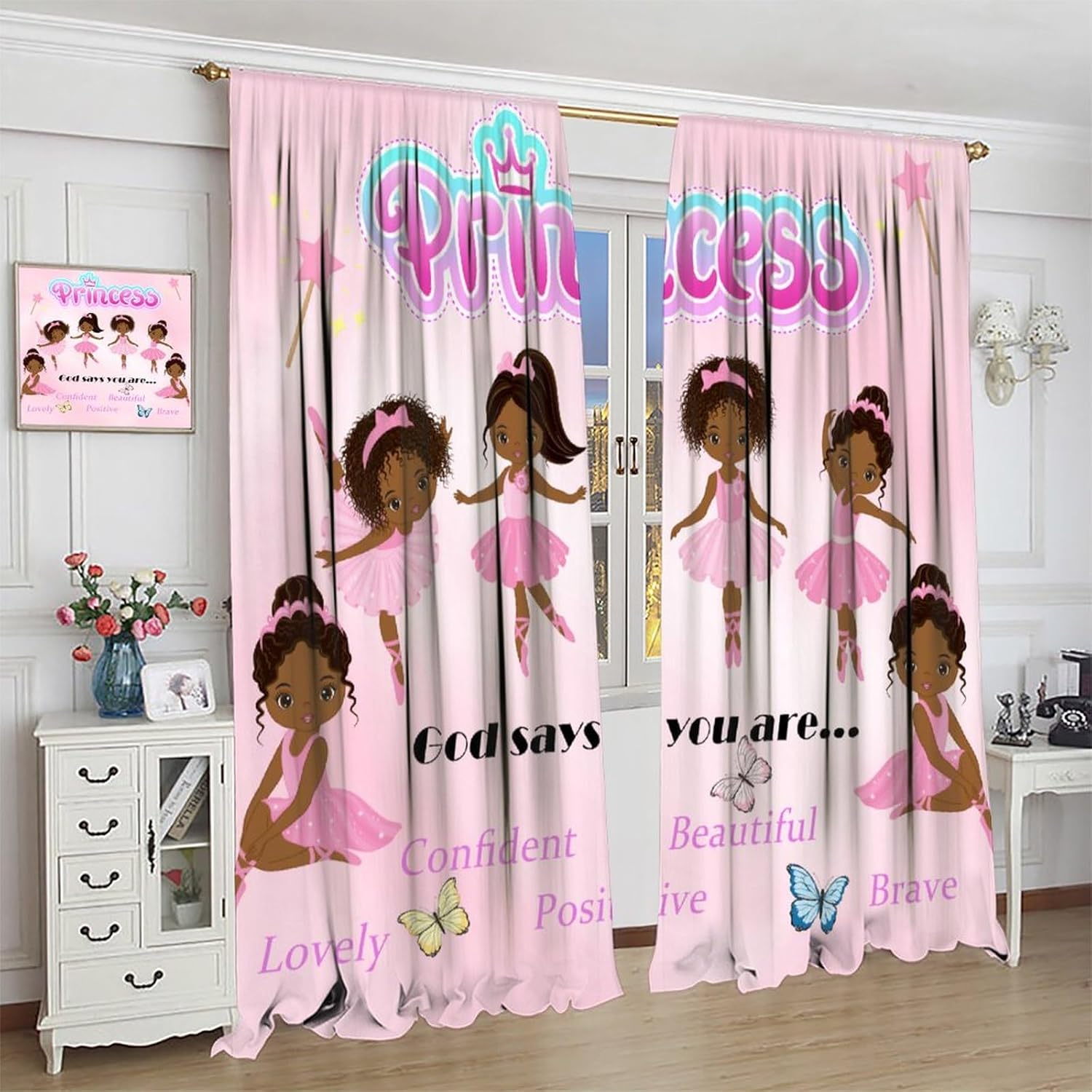 African American Black Girl Curtains for Kids,Cute Ballerina Girl Princess Curtains for Girls Bedroom Living Room Dancing Room Dancing Girl Drapes 2 Panel Set,Total Size 42" x 54"