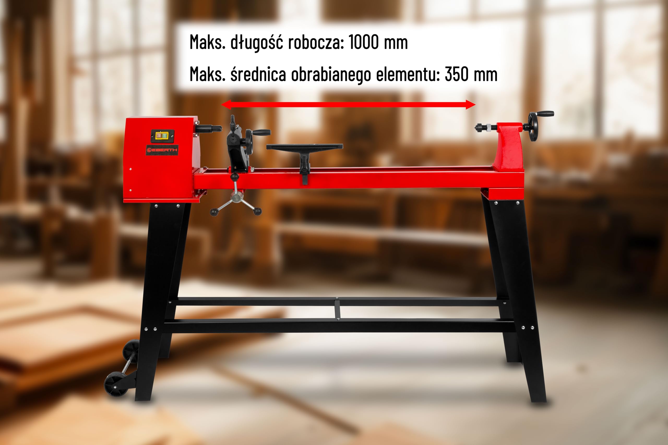 EBERTH Tokarka 550 W do drewna ze stabilną podstawą – rozstaw końcówek 1000 mm, średnica toczenia Ø 350 mm, 4-stopniowy napęd pasowy, stabilna tokarka do drewna