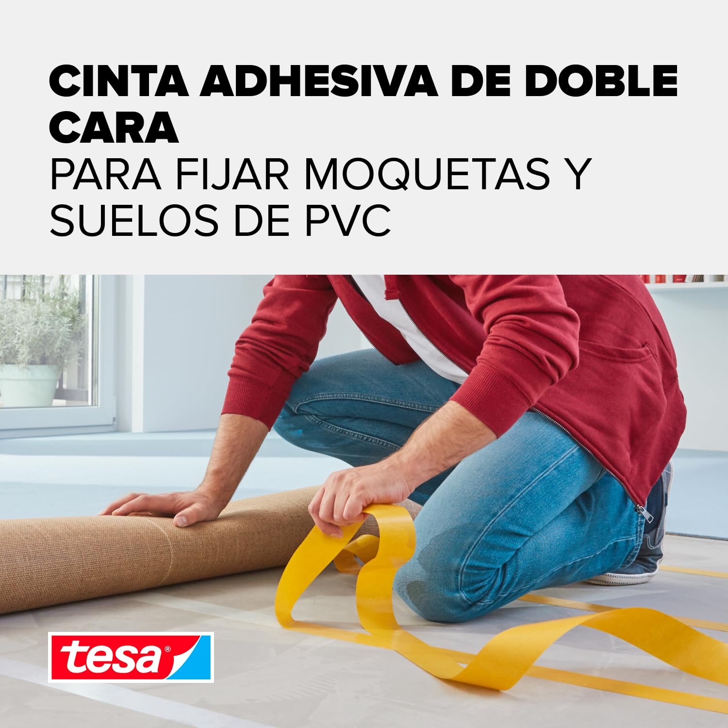 tesa Cinta adhesiva de doble cara de fijación para suelos irregulares – Rollo autoadhesivo antideslizante para moqueta y revestimientos de suelo de PVC – 10 m x 50 mm, lote de 6