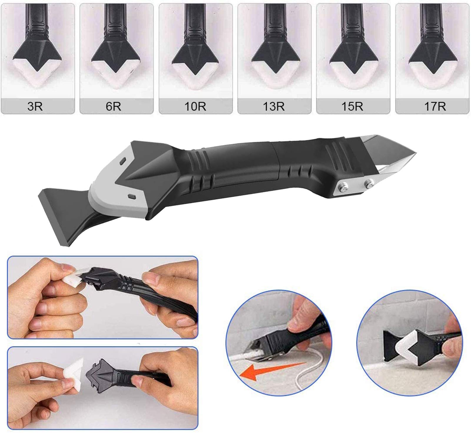 3-in-1 Silicone Caulking Tool Kit – Grout Removal, Sealant Finishing, Adhesive Scraper With 5 Replaceable Pads, For Kitchen, Bathroom, Windows, Sinks