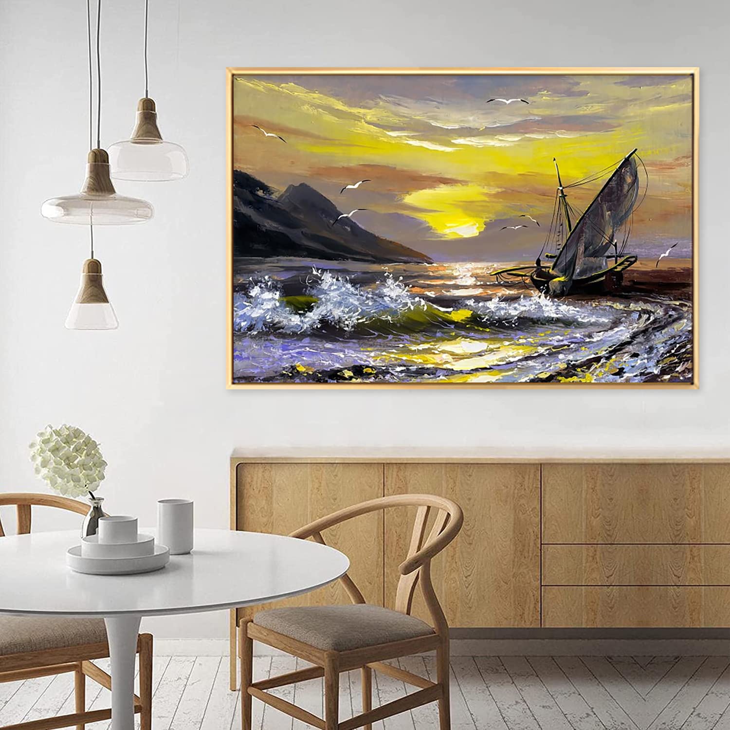 【海洋画】航海　帆船　風景油絵 額縁付き 海 景色 アート 絵画 インテリア Amazon.co.jp: 絵画 水彩海の帆船ですインテリア 絵画 风景アート