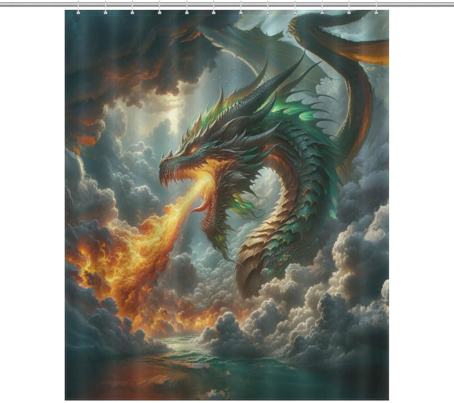 Dragon Shower Curtain for Bathroom, Kids Medieval Magic Scary Fantasy Animal Mythical Green Dragon Bath Curtains, Fabric Waterproof Polyester 12 Pack Hooks 60x72Inch（152x183cm）