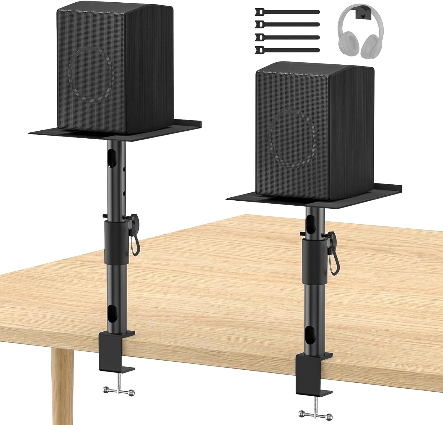 2 Pack Clamp-on Desk Speaker Stands, Height&Angle Adjustable Desktop Speaker Stands for Samsung Q990D/Q990F/Q990C/Q930C, Fit Edifier KRK Klipsch Polk Yamaha Built-in Cable Management with Headset Hook