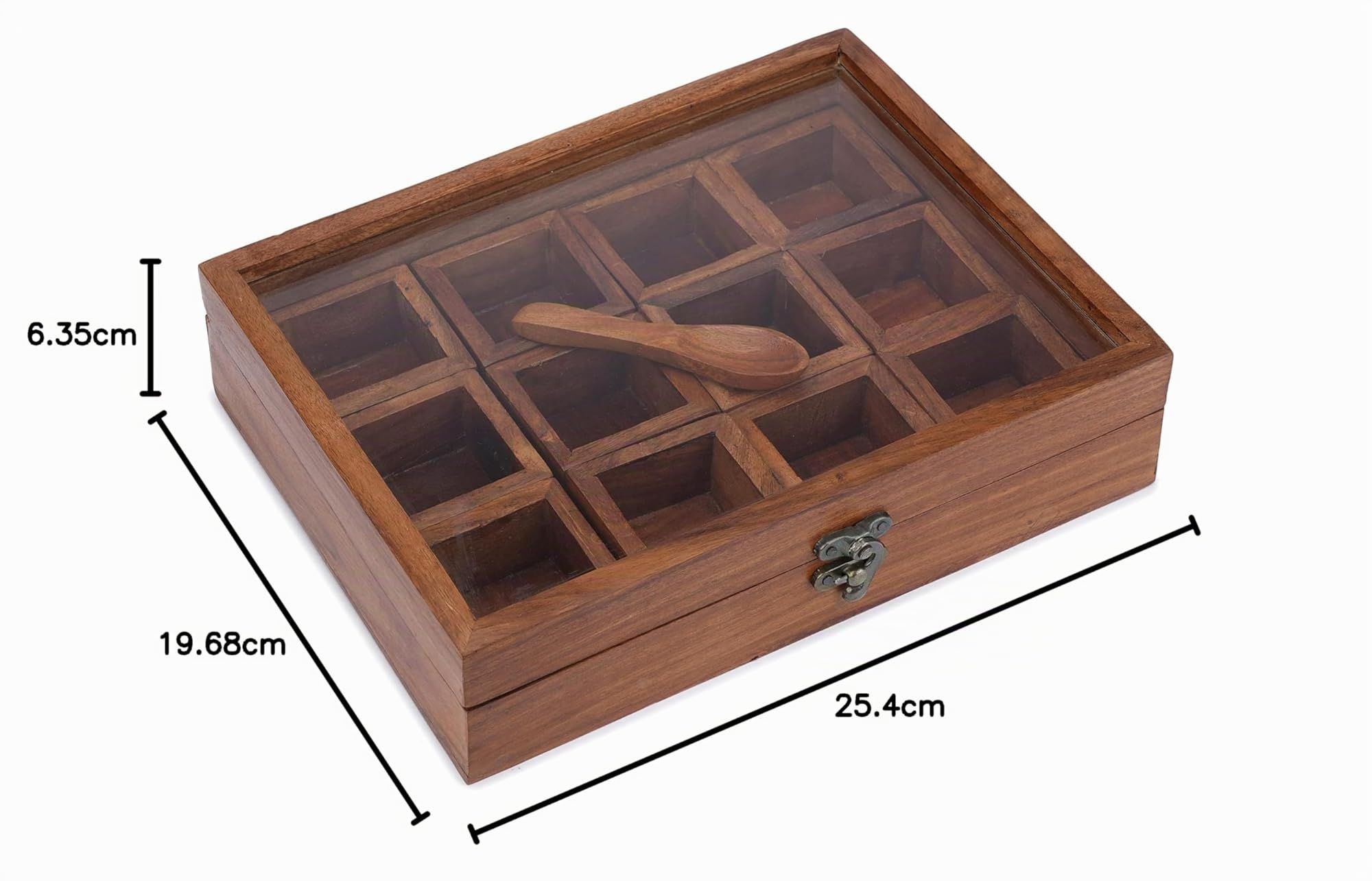 Ajuny Scatola Portaspezie Legno Masala Dabba Organizer 12 Scomparti Vetro | Coperchio Trasparente con Sezioni estraibili e porta Cucchiaio per Condimenti, erbe Aromatiche, Cucina e Regalo