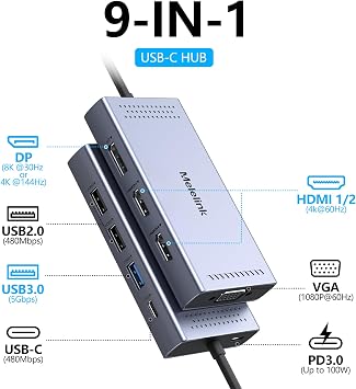USB C Docking Station 2 Monitor Dual HDMI, 9 in 1 USB-C Hub Triple Display Adapter with 2 x 4K HDMI, 8K Display Port, VGA, 100W PD, 4 x USB A/C Ports, Laptop Dock 2 Monitors for Dell HP Lenovo etc