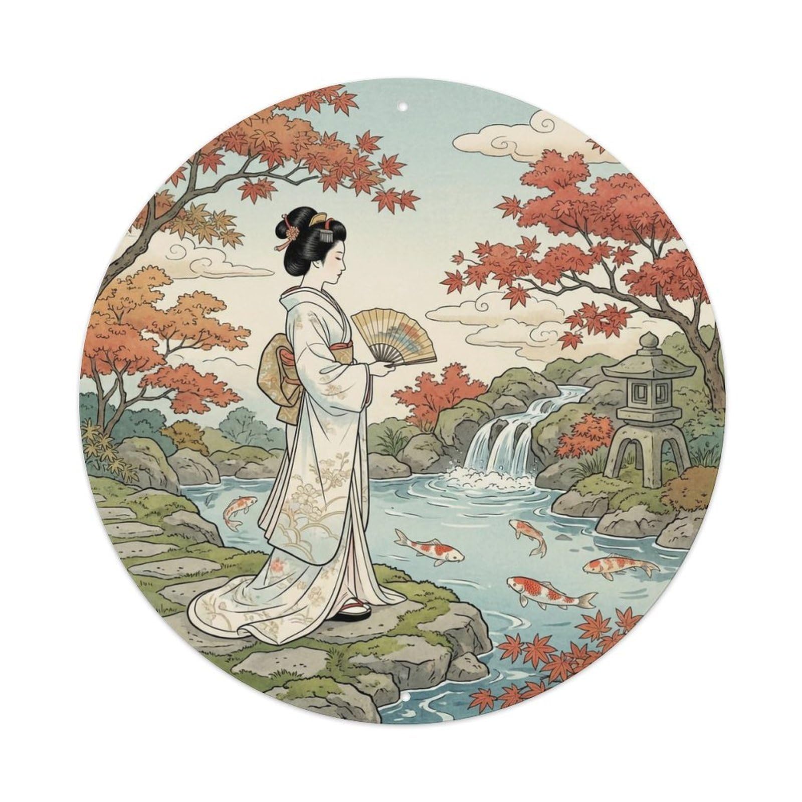 Japanese Elegant Lady Garden Waterfall Serene Ornament Metal Tin Sign