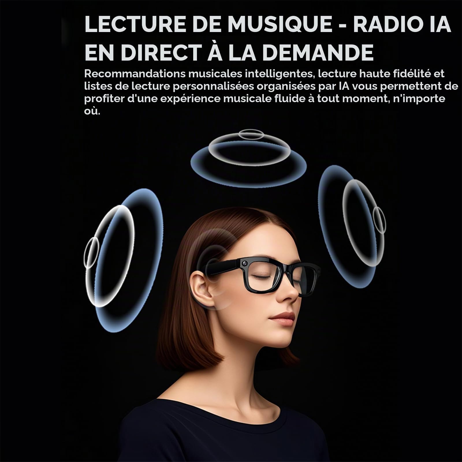 Lunettes connectées IA avec caméra, ChatGPT intégré,traduction,commande vocale,Wi-Fi 4.0,Bluetooth 5.3,prise de vue HD, lunettes de soleil intelligentes pour les voyages,la musique et les appels,B