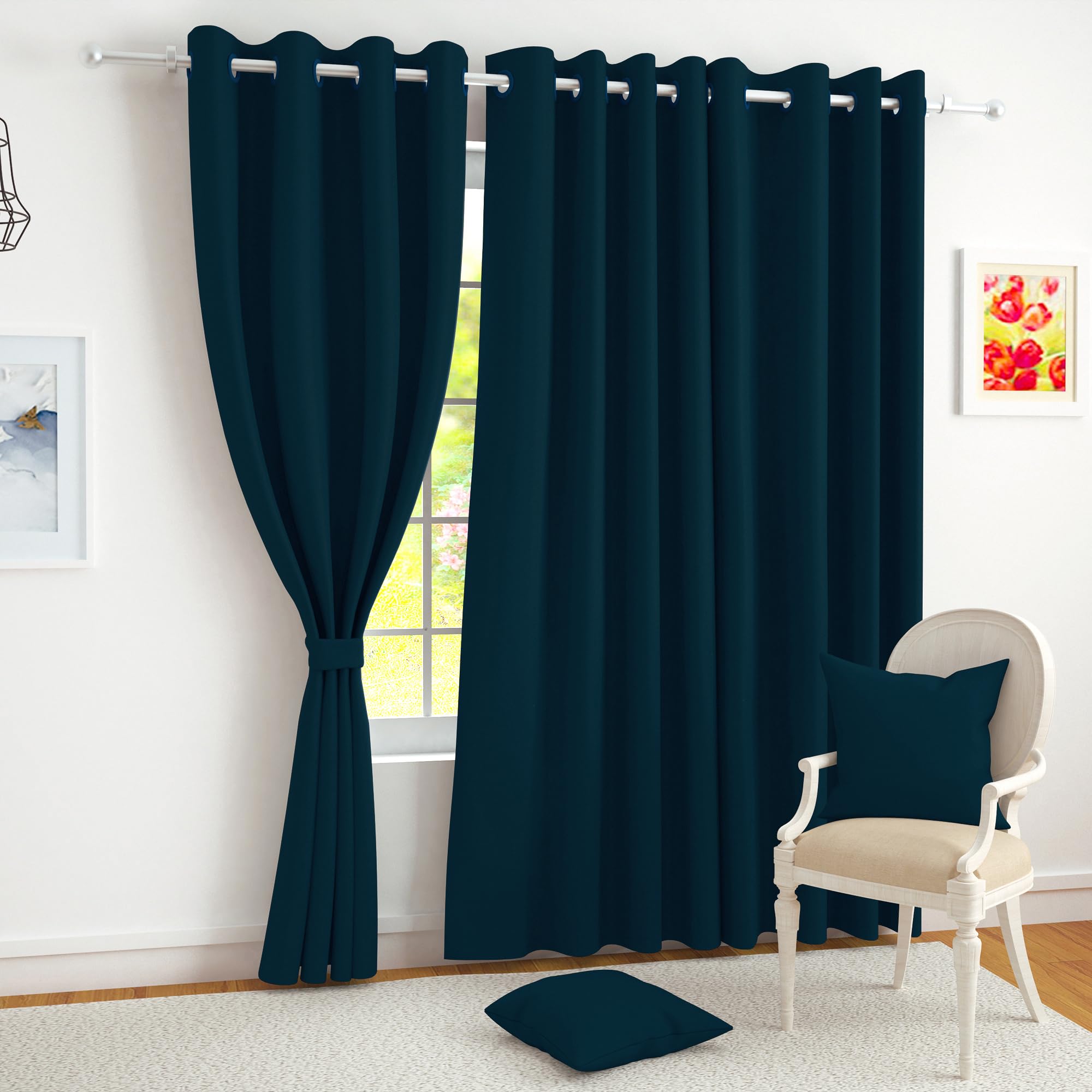 Story@Home 275 CM Premium Faux Silk Solid Pattern 100% Blackout Grommet Long Door Curtain, Dark Teal Blue, Pack Of 2