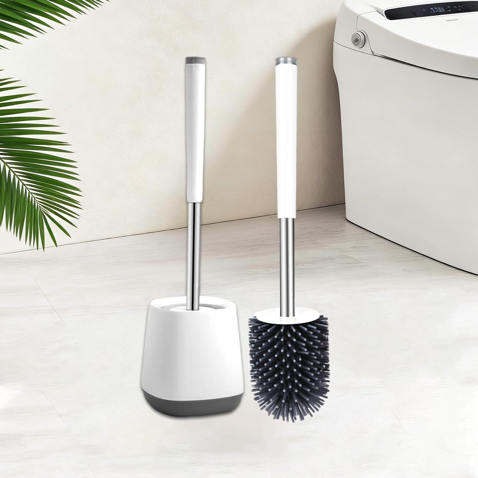 Silicone Toilet Brush with Holder - Stainless Steel Shaft๏ผHair Resistant Bristles, NO Hair Tangling, Easy Rinse, Quick Dry, Anti-Mould Ventilated Base - Bathroom Cleaning Brush, White (Diamond Clean)