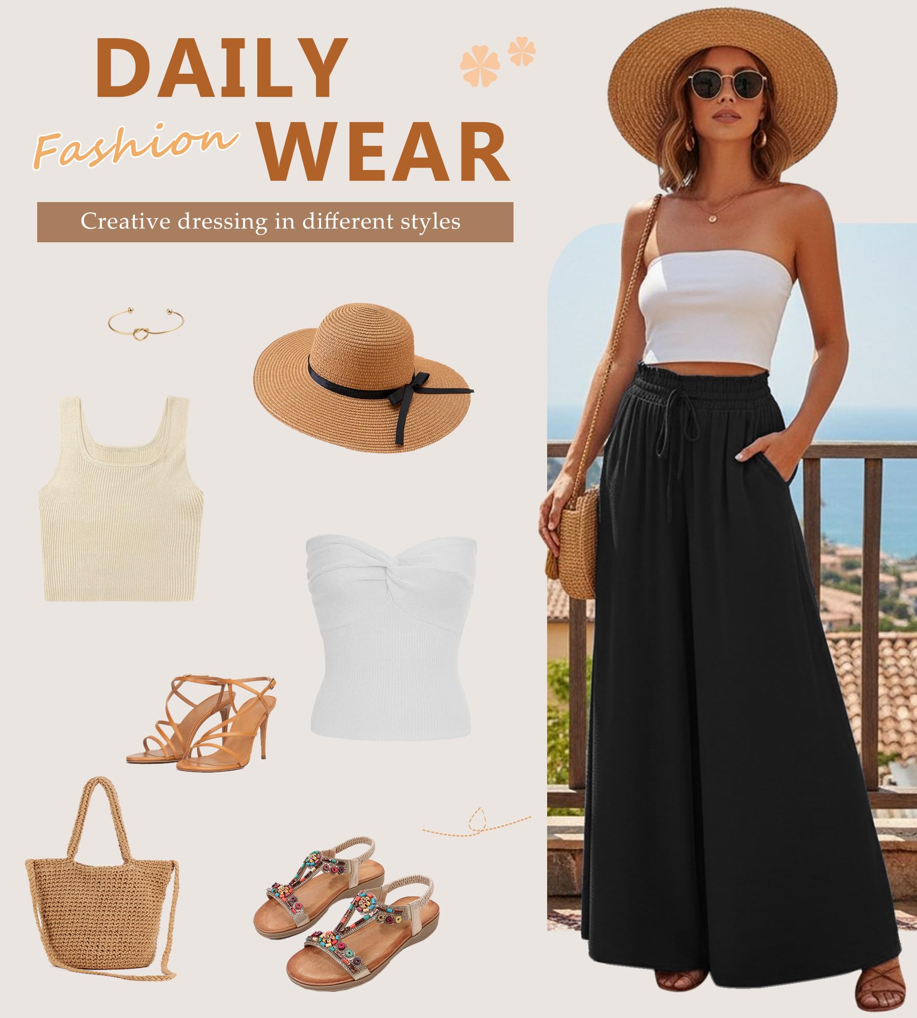 Pantalones Mujer Verano Cintura Alta Pantalones Ancho Casuales Cómodos Pantalón Fluido Ligero Playa Pantalones Palazzo Elegante con Bolsillos