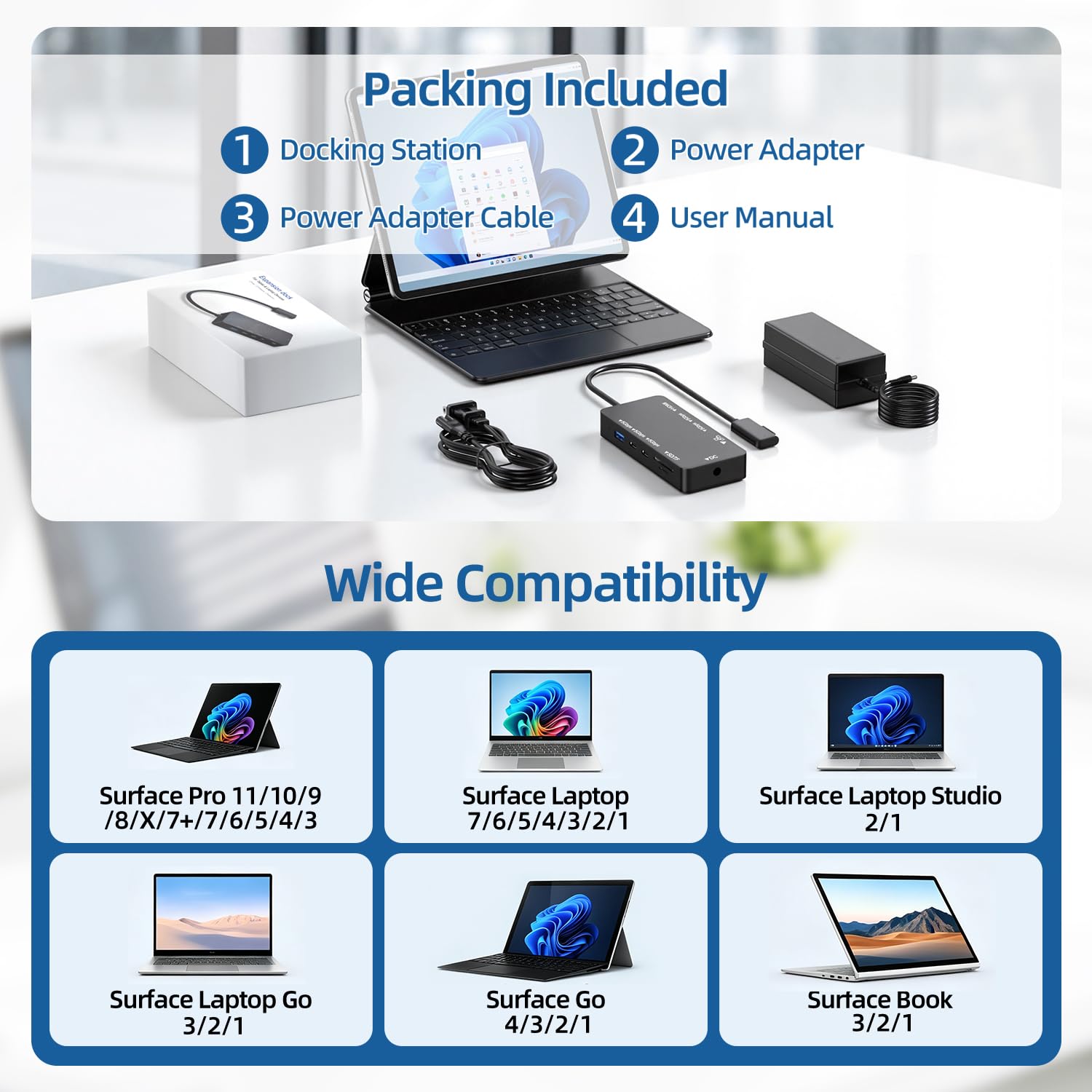 Surface Docking Station, Surface Pro Dock 10-in-1 con HDMI 4K a 60Hz, Gigabit RJ45 Ethernet, 3 USB 3.0, 2 USB-C, slot per schede SD/TF, dock di superficie magnetica per Surface Pro 11/10/9/8/X/7+