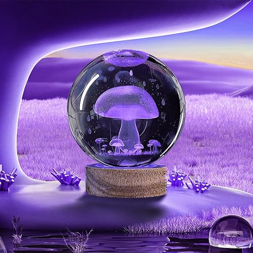 Miniatura 5 de Lámpara de bola de cristal de hongo 3D de 3.15 pulgadas con base de madera que cambia de color y control remoto, ideal para niños, amigos,