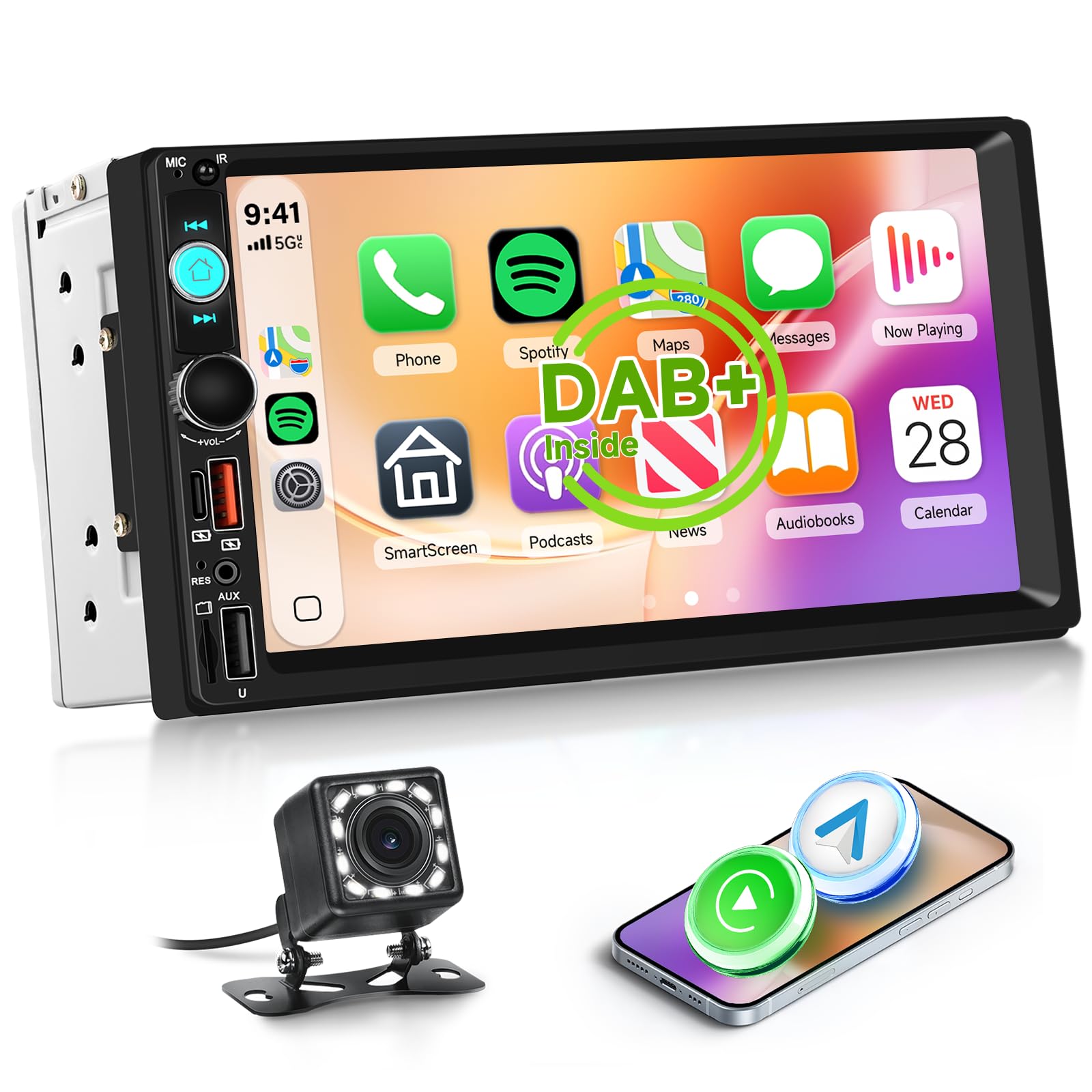 Hodozzy Dab+/Dab Autoradio 2 din Carplay sans Fil Android Auto avec Écran de 7 Pouces, Poste Radio Voiture Bluetooth Ecran Tactile avec Sortie Vidéo/RDS/FM/USB/AUX/TF+Caméra de Recul