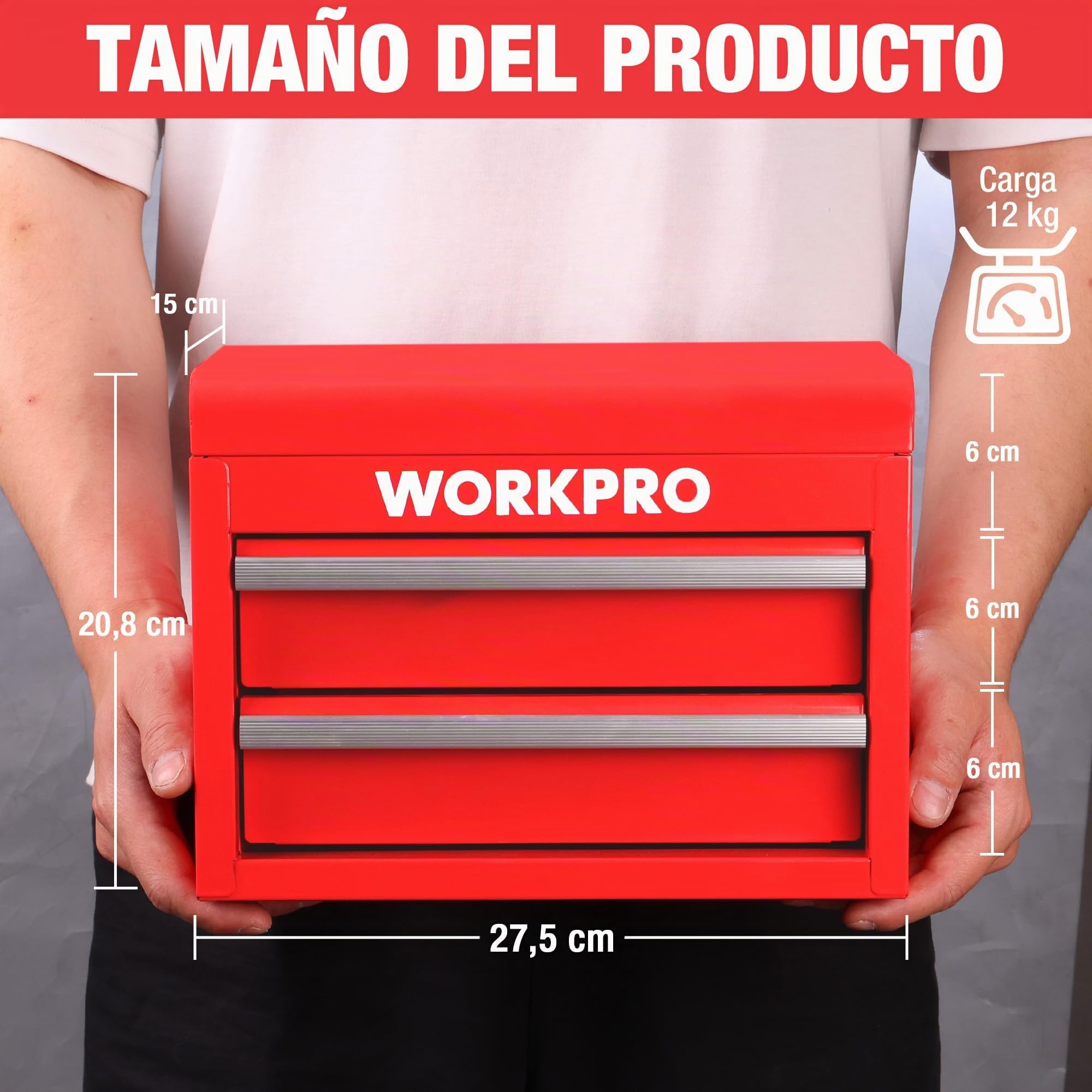 WORKPRO Caja de Herramientas Metálica con 2 Cajones, Organizador Pequeño con Cerradura, Ideal para Guardar Herramientas, Material de Oficina, Joyería y Accesorios en Hogar o Taller - Rojo