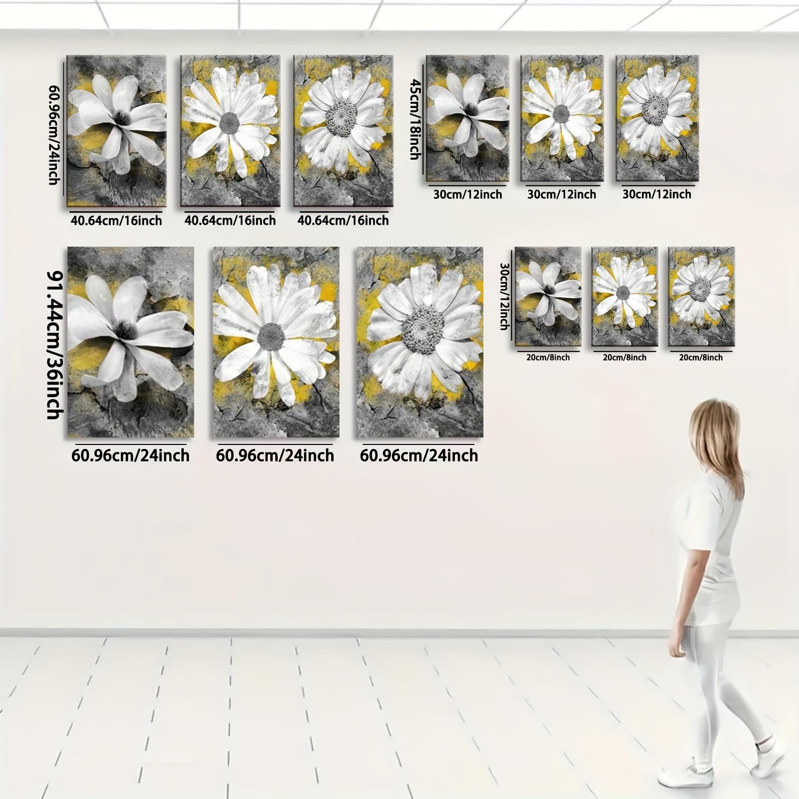 IXEHOH 3 Teiliges Leinwandbild Weiße Gänseblümchen Gelb Grau Abstrakt Blumen Bilder Wanddeko Wohnzimmer Modern Blumenbilder Wandbild Aesthetic Wall Art Vertical Wall Art Wandkunst 70x90cmx3