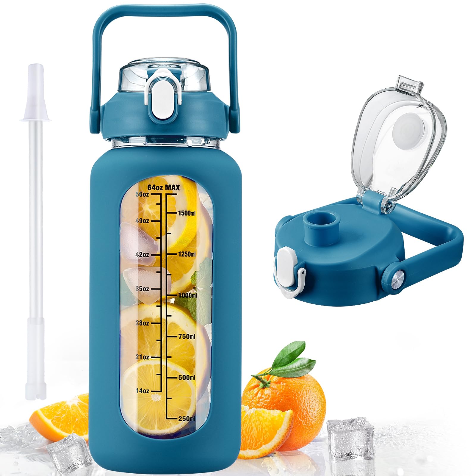 kytffu 64oz Glass Water Bottles with Straw, Half Gallon Motivational Glass Bottle with Silicone Sleeve and Time Marker, 2L Leakproof Large Glass Water Jug for Gym Home Office,Iron Blue