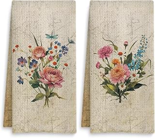 Vintage Floral Kitchen Towels Set of 2, Retro Floral Dish Towels Tea Towels for Kitchen, Vintage Wildflower Hand Towels for Bathroom, Retro Wildflower Kitchen Bathroom Decor, 16x24 Inch(02)