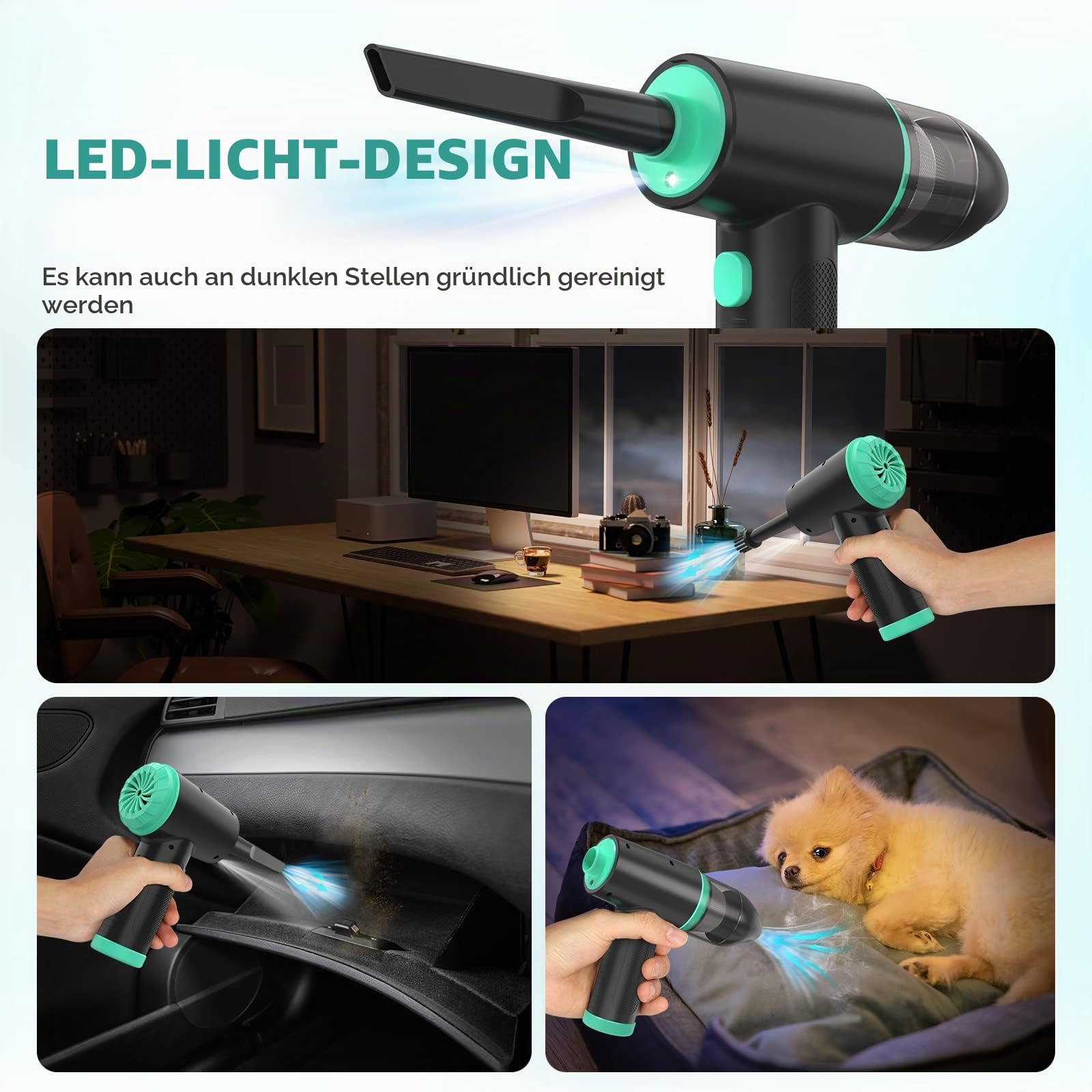 2-in-1 Elektrischer Staubgebläse und Mini-Staubsauger, 90.000RPM PC Reinigung, 12Kpa Kabelloser Tastatur Reiniger, 3-Gang Air Duster, 90W, 7000mAh Akku für Tastatur, PC, Sofas, Auto Zubehör